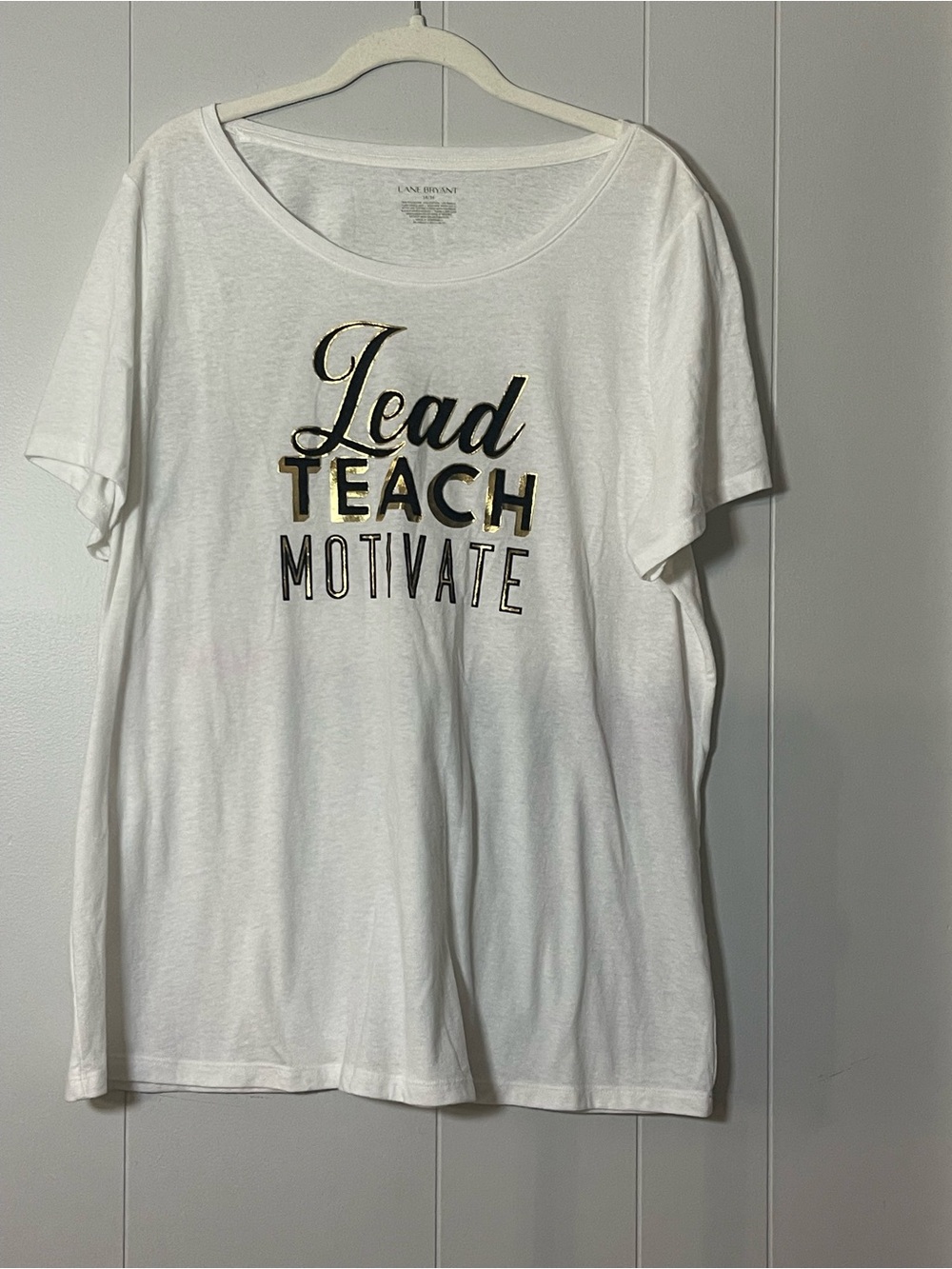 Lane Bryant White Short Sleeve Tee with Gold & Black Lettering